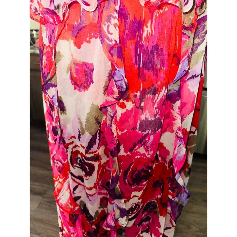 MISA Los Angeles Pink Red Diana Floral Ruffle Maxi Dress Size L Chiffon Boho A6